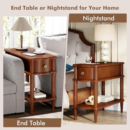 Nightstand with Charging Station & Drawer, Pre-Assembled Vintage Side Table with Shelf, Rustic Wood Finish Narrow End Table with Turned Legs for Bedroom Living Room, Caramel Walnut Brown, 1Pc