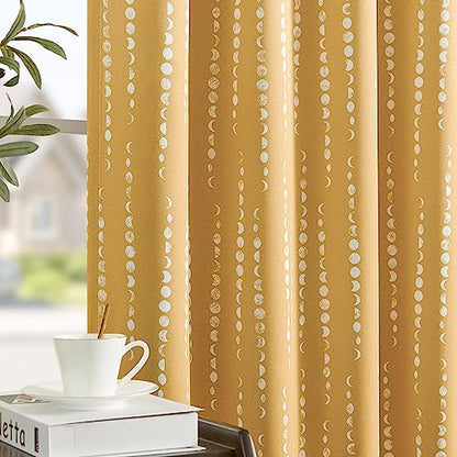 jinchan Boho Blackout Curtains 63 Inch Length Moon Phase Printed Drapes | Mustard Yellow Farmhouse Curtain for Bedroom Living Room Back Tab Drapes Room Darkening Window Treatment 2 Panels - color: Luna | Mustard Yellow, size: 52"W x 63"L (Pack of 2)