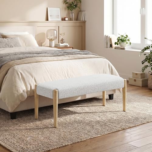 Usaint 42" End of Bed Bench with Wood Legs, Heathered White with Oak Leg | Modern Upholstered Bedroom Bench with Rubberwood Legs, Entryway Bench with Cushion, Dining Bench for Living Room, Bedroom - color: Heathered Off-white With Oak Leg