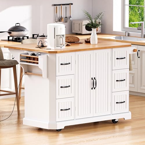 Rustic Rolling Kitchen Island with Drop Leaf, Built-in Charging Station & 6 Deep Drawers, 47" Farmhouse Mobile Cart for Dormitories, Offices, Bedrooms (White/R1) - color: White/R1