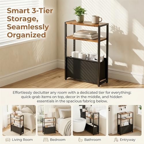 Leomonio Narrow Side Table, Slim End Tables with Fabric Basket, Skinny Table for Small Spaces, Thin Bedside Table for Living Room, Bedroom - color: Rustic Brown