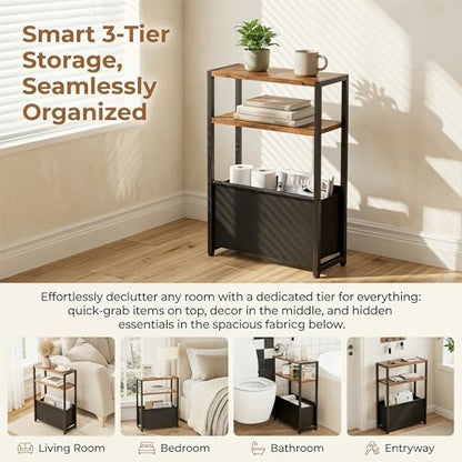 Leomonio Narrow Side Table, Slim End Tables with Fabric Basket, Skinny Table for Small Spaces, Thin Bedside Table for Living Room, Bedroom - color: Rustic Brown