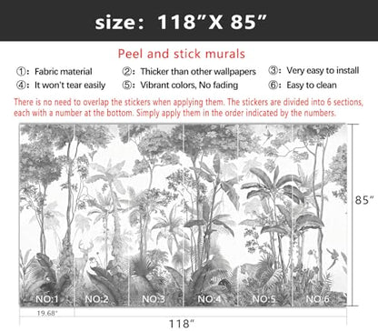 YIHWM-Peel and Stick Tropical Rainforest Wallpaper Grey Jungle Plants Mural | Tear-resistant,with a substantial feel;Will not be damaged during repositioning.Bathroom,Bedroom wallpaper.M-118"x85" - color: Yh14, size: 118"x85"
