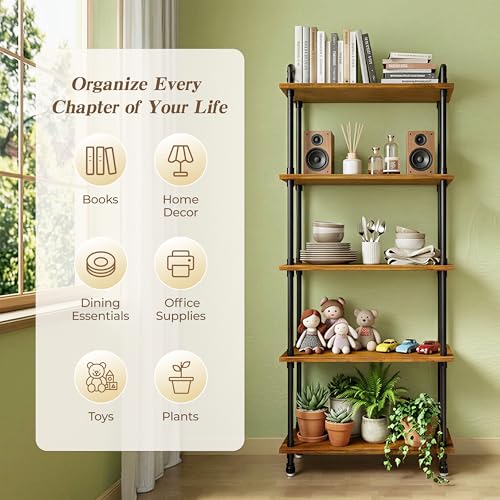 Industrial Bookshelf, Pipe Shelf Bookcase, 5 Tier, 30" Rustic Brown | Solid pine shelves, 30 inch wide, black pipe frame, 35 lbs per shelf, open bookcase for books, plants, office - color: Rustic Brown, size: 30"L × 70"H
