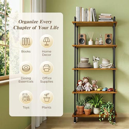Industrial Bookshelf, Pipe Shelf Bookcase, 5 Tier, 30" Rustic Brown | Solid pine shelves, 30 inch wide, black pipe frame, 35 lbs per shelf, open bookcase for books, plants, office - color: Rustic Brown, size: 30"L × 70"H