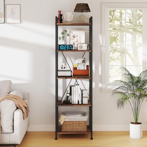 5 Tier Industrial Bookshelf, Storage Organizer, Rustic Brown | Skandiquip Bookshelf, Industrial Bookcase Storage Organizer, Display Shelves for Books/CDs, Bedroom Living Room Home Office - color: Rustic Brown, size: 5 Tier - 18"W