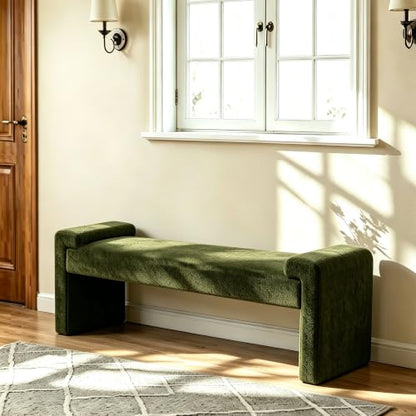 Upholstered Entryway Bench, 58.7" Modern Bedroom Bench, Green | Sherpa Fleece, Curved Armrests, Solid Wood Frame, End of Bed, Bedroom, Living Room, Hallway - color: Green-sherpa, size: 58.7"