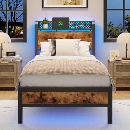 Twin Bed Frame with Headboard,Charging Station and LED Lights | Metal Platform Bed with Charging Station and LED Lights, Noise Free, Easy Assembly,No Box Spring Needed, Brown - size: Twin