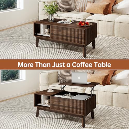 Fluted Lift Top Coffee Table with Storage Shelf and Hidden Compartment, Mid Century Modern Wooden Center Table for Living Room, Home Office, Walnut - color: Walnut Rectangle