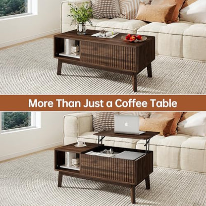 Fluted Lift Top Coffee Table with Storage Shelf and Hidden Compartment, Mid Century Modern Wooden Center Table for Living Room, Home Office, Walnut - color: Walnut Rectangle