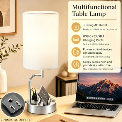 Dreamholder 2 Pack Table Lamp, Bedside Lamp with 3 USB Charging Ports & AC Outlet, USB Desk Lamp with 2 Phone Holders, Linen Fabric Shade Nightstand Lamps for Bedroom Living Room Office, Silver - color: Silver