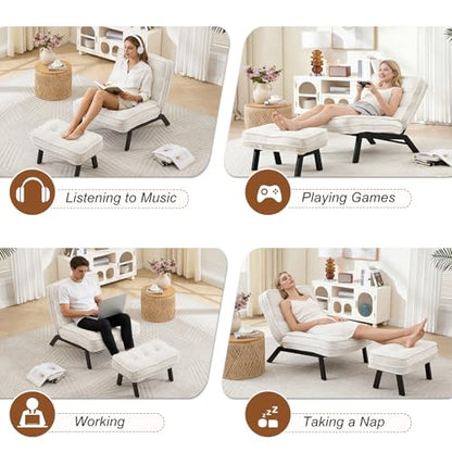 ANJ Accent Chair with Ottoman Adjustable Backrest, Beige Living Room Chair Tufted Upholstered Lounge Chair with Footrest Set, Modern Chair Cozy Reclining Chair for Reading Room Bedroom - color: Beige, size: 1