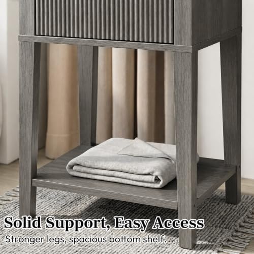 Weathered Gray 15.4" Wide Small Nightstand, Drawer,Open Shelf,Fluted | Weathered gray tone, ribbed fluted front, 11.8-inch slim depth, concealed storage, cool fit for sofa side or chair side - color: Weathered Gray