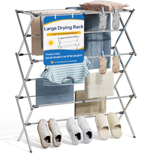 Stainless Steel Clothes Drying Rack, 45.28" H × 14.57" D | Foldable & Extendable, Adjustable Size (24.49"-35.51"L), Space-Saving, Rust-Resistant Frame, Indoor/Outdoor Use, Silver - color: Silver, size: Large