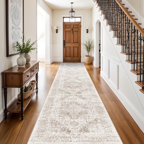 2'6"x12 Washable Runner Rug: Vintage Non-Slip Rug for Kitchen IvoryBeige | Low Pile Water Resistant Design Easy Clean Surface Soft Durable Rugs for Entryway Hallway and Indoor High Traffic Areas - color: Ivory/Beige, size: 2'6" x 12' (Runner)