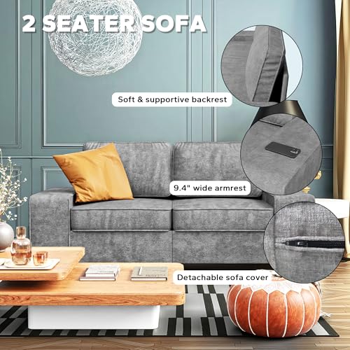 71" Chenille Loveseat Couch, 2 Seater Retro Sofa with 4 Side Pockets, Removable and Washable Cushions,Mid Century Modern, Living Room, Bedroom, Apartment (Light Grey) - color: Light Grey Chenille, size: 71 "