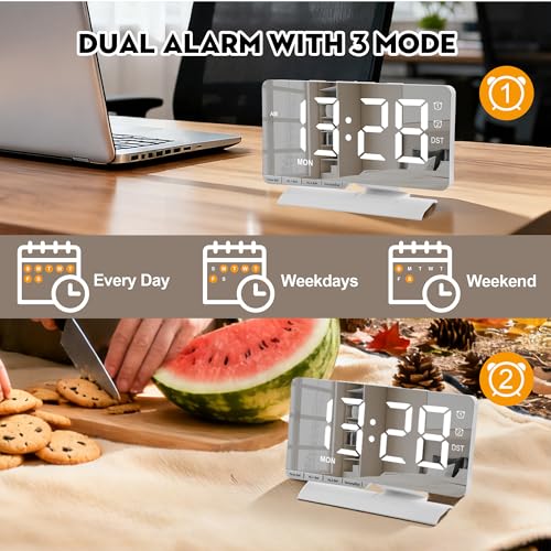 Digital Clock,Alarm Clock Bedside,7.3'' Large LED Mirror with Date Display,Dual Alarm with 3 Mode,Brightnee Adjust,DST,Snooze Function,USB C Charging Port,5 Levels Volume for Desk Bedroom Teens - color: White