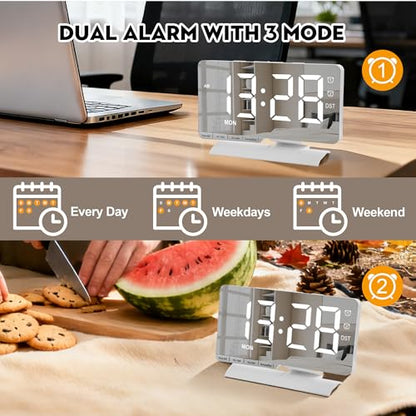 Digital Clock,Alarm Clock Bedside,7.3'' Large LED Mirror with Date Display,Dual Alarm with 3 Mode,Brightnee Adjust,DST,Snooze Function,USB C Charging Port,5 Levels Volume for Desk Bedroom Teens - color: White