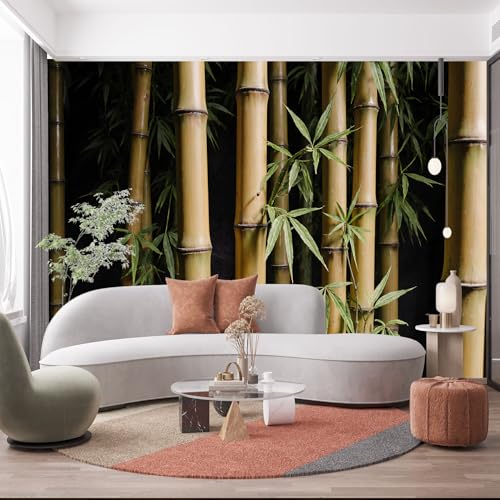 Custom Size Wall Murals, Light Brown Bamboo Stalks & Green Leaves Scene, Self-Adhesive Removable Wall Covering Fabric, Large Photo Wallpaper for Living Room Bedroom Kitchen Office Kids