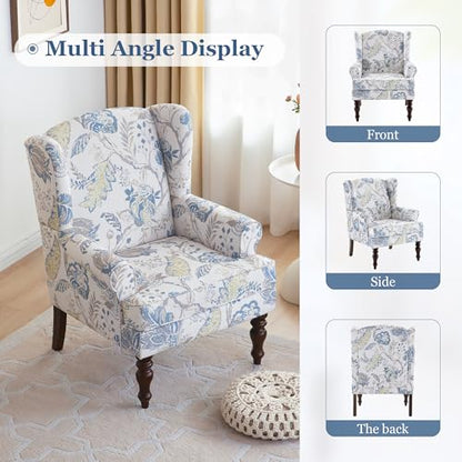 HUIMO Printed Wingback Accent Chair, Linen Upholstered High Back Armchair, Comfy Reading Chair for Living Room Bedroom Study, 300lbs Weight Capacity (1, Blue Floral) - color: Blue Floral