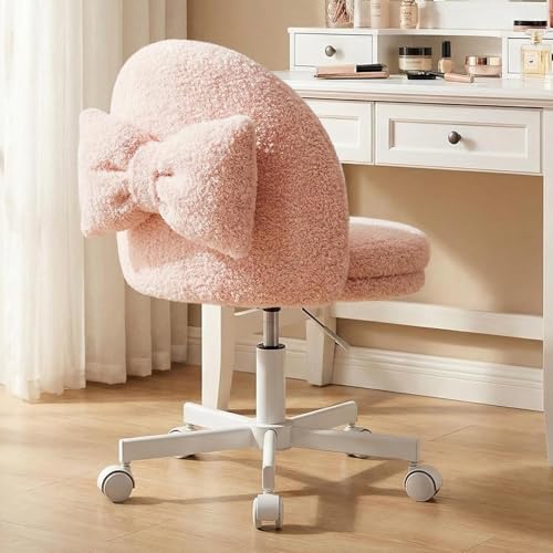GTPLAYER Velvet Tall Office Chair with Wheels Vanity Chairs with Back, Versatile Height Use: Office to Bar Stools Small Ergonomic Comfy Armlees Computer Desk Chair with Bow Lumbar Pillow for Gift - color: Tv-pink