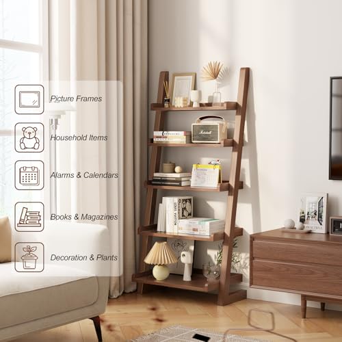 AQIMUELE Walnut Wooden Ladder Shelf with Edges, 5-Tier Modern Leaning Bookshelf Ladder – Stylish Space-Saving Bookcase for Living Room, Bedroom & Home Office - color: Walnut