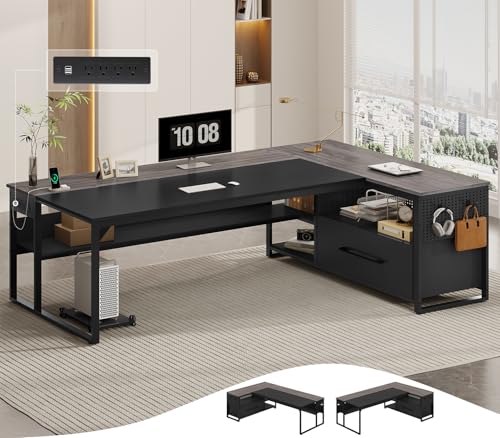 71" Executive Desk, L Shaped Office Desk with Widen File Drawers | Reversible Large Corner Computer Desk with Lateral Cabinet,Power Outlets,Shelves,CPU Stand, Hooks,Business Furniture Grey - color: Grey, size: Widen Drawer