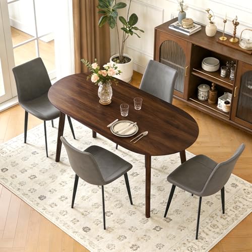 63" Oval Dining Table Set for 4 with Solid Wood Legs | 5 Piece Walnut Dining Table Set for Kitchen and Dining Room Furniture, 4 PU Grey Dining Chairs, Mid Century Modern - color: Walnut Table Grey Chairs
