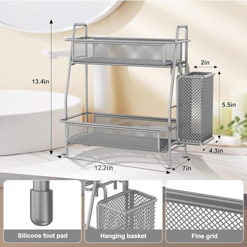 Spice Rack Organizer for Kitchen Counter, Spices Organizer and Storage Seasoning Organizer for Cabinet, Kitchen Metal Countertop Organizer with Side Basket (Grey) - color: Grey (Size: 7" x 12" x 13")