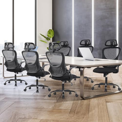 Sweetcrispy Computer Desk Chair, Mesh Office Chair with Lumbar Support | Ergonomic High-Back, Rolling Work, Adjustable Headrests, Flip-up Arms, Home Bedroom Study, Black - color: Black, style: Flip-up Armrest
