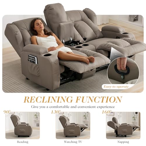 Loveseat Recliner Sofa,RV Wall Hugger Recliners with Console,Reclining Loveseat Sofa Recliner with Cup Holders/Lumbar Pillows for Small Spaces,RV Furniture (Khaki,66" 2-Seater) - color: Khaki, size: 66" 2-Seater