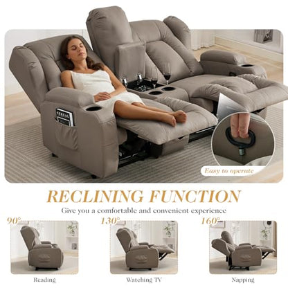 Loveseat Recliner Sofa,RV Wall Hugger Recliners with Console,Reclining Loveseat Sofa Recliner with Cup Holders/Lumbar Pillows for Small Spaces,RV Furniture (Khaki,66" 2-Seater) - color: Khaki, size: 66" 2-Seater