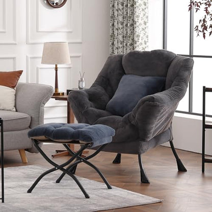 Lazy Chair with Ottoman, Plush Reading Chair with Pillow， Gray | Removable machine-washable cover; includes an extra throw pillow; cozy accent chair for living room, bedroom, dorm or office - color: Plush Blue-gray-1