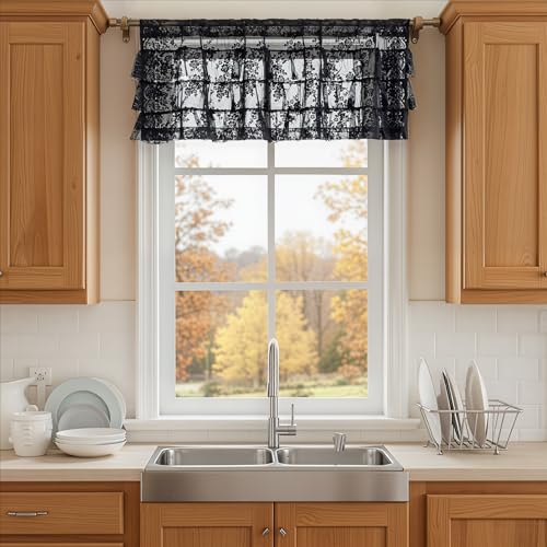 Kotile Black Ruffle Lace Valance for Windows W52 x L18 Inch, 1 Panel | Rod Pocket, Tiered Lace Adds Depth, Soften Light, Vintage Gothic Charm, Bold Cottage Style, Short Layered Finish, Privacy - color: Black - Ruffle Lace