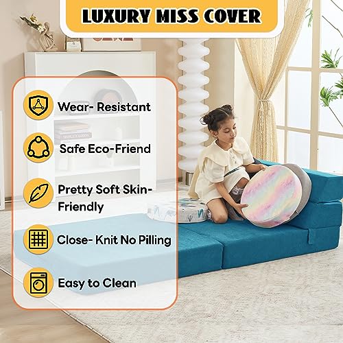 jela Foldable Sofa Bed, Convertible Sleeper Lounge Chair Floor Mattress Floor Couch with Backrest, Fold Out Futon with Washable Miss Fabric Cover for Guest Room, Living Room (83"x33",Teal) - color: Miss Fabric Light Blue