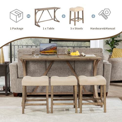 59" Counter Height Bar Table Set with Power Outlet, Industrial Breakfast Table with 3 Padded Stools, 4 Piece Bar Table and Chairs Set for Living Room, Dining Room, Brown - color: O-brown