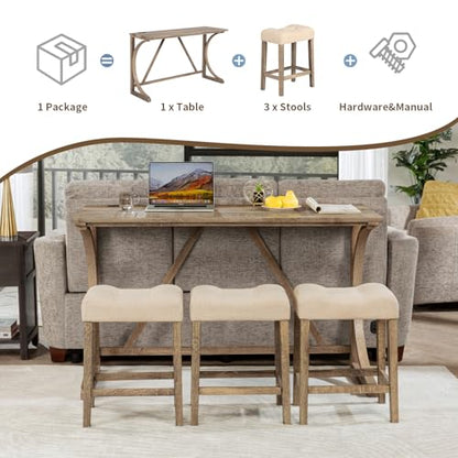 59" Counter Height Bar Table Set with Power Outlet, Industrial Breakfast Table with 3 Padded Stools, 4 Piece Bar Table and Chairs Set for Living Room, Dining Room, Brown - color: O-brown