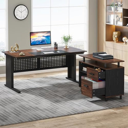 Tribesigns 63 Inch Executive Desk with File Cabinet, L Shaped Office Desk | Large Office Desk with File Drawer, L Shaped Desk with Storage Shelf, Business Furniture for Home Office, Dark Walnut - color: Black and Dark Walnut