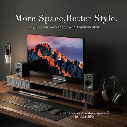 Dual Monitor Stand Riser with Storage Drawer for Desk Organization | Fits Dual 32" Monitors, Walnut Finish, Hidden Storage, Ergonomic Height, Holds 110lbs, No Flex, Quick Setup