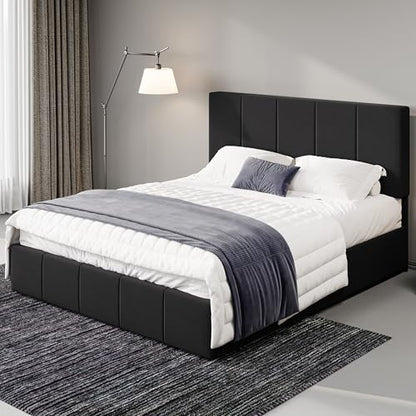 Allewie Queen Size Dutch Velvet Upholstered Platform Bed Frame/Vertical Channel Tufted Adjustable Headboard/Low Profile Bed Frame/No Box Spring Needed/Easy Assembly/Black - color: Black, size: Queen