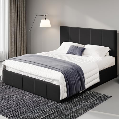 Allewie Full Size Dutch Velvet Upholstered Platform Bed Frame/Vertical Channel Tufted Adjustable Headboard/Low Profile Bed Frame/No Box Spring Needed/Easy Assembly/Black - color: Black, size: Full