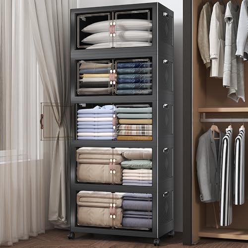 600QT Stackable Storage Bins with Lids, Doors & Wheels | Closet Organizers and Storage Cabinet, Lockable Plastic Foldable Drawers for Bedroom Dorm Office Garage（120QT*5,Black） - color: Black, size: 25.6"L