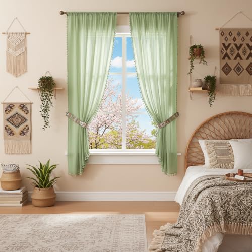 WAZZIO Boho Lace Curtains 63 Inches 2 Panel,Light Filtering Privacy Tassel & Geometry Crochet Semi Sheer Curtain Drapes for Bedroom Living Dining Room,Rod Pocket & Tassel,Grass Green - color: Grass Green, size: 59"W x 63"L (Pack of 2)