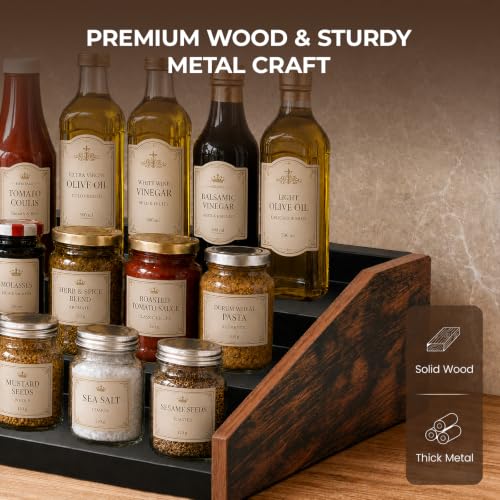 3-Tier Expandable Spice Rack Organizer, 12.8-22.6 in, Rustic Brown | Adjustable, Countertop Stepped wood & iron Seasoning Organizer, Shelf for kitchen Cabinet Pantry Jars Bottles Syrup - color: Rustic Brown