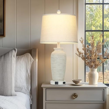 CINSARY 25" Retro White Farmhouse Jar Table Lamps Set of 2, 3 Way Touch Control Rustic Bedside Lamps with USB A+C Ports & AC Outlet, Pot Nightstand Lamps for Bedroom Living Room (LED Bulbs Included) - color: Retro White