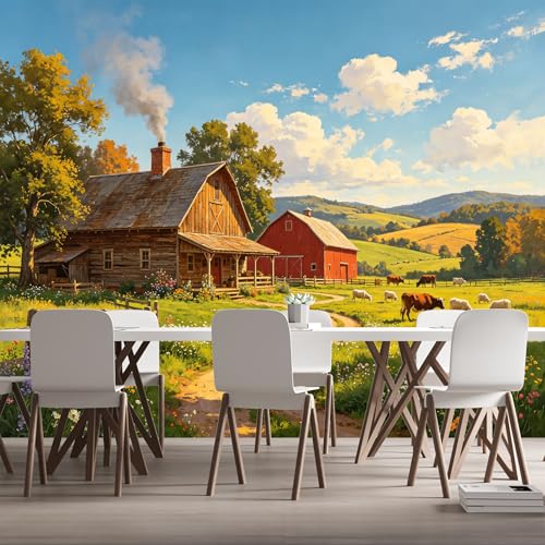 Custom Size Wall Murals Country Farm Landscape Oil Painting Barn Meadow Cows Sheep Pasture Farmhouse Style SelfAdhesive Wall Fabric Removable Large Wallpaper for Living Room