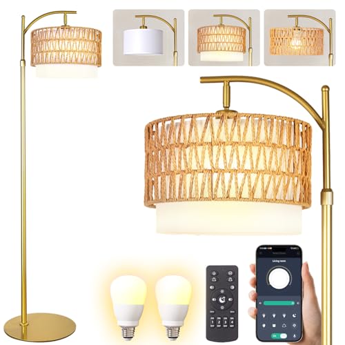 Rustic Woven Rattan Floor Lamp – Golden Finish, Arc Design, 12W LED (1 in use + 1 Spare), Remote & Dimmable 3-Color Temperature, Tall Standing Lamp for Living Room, Bedroom & Reading Corner - color: Golden Rustic Floor Lamp