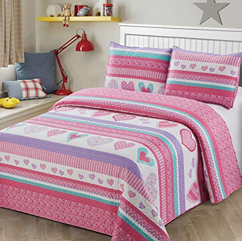 2pc Twin Size Quilt Bedspread Kids/Teens Hearts Pink Purple/Lavander White Girls Multicolor Bedding New - color: Heart Pink, size: Twin