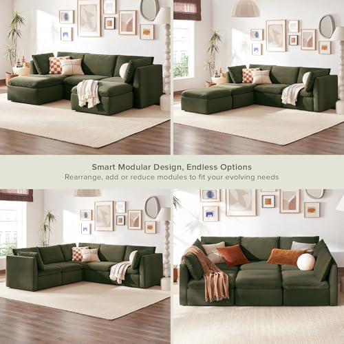 mopio Oversized Modular Sectional Sofa with Fully Removable Covers and Storage, Convertible U, L-Shaped and Sleeper Sectional, Modern Couches with Ottoman Chaise (Olive Green Velvet, 5 Seats, U) - color: [Gen 2] Olive Green Velvet, size: 5 Seats, U