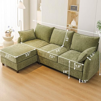 86'' Sectional Couches,with Movable Chaise Lounge,Chenille,Green | L Shaped Couch,Comfy 3 Seats Sofa with Thick Cushion,Wood Legs,2 Throw Pillows,Sectional for Living Room,Bedroom,Apartment - size: 86'' L Shaped Sofa